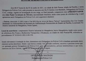 Veja auto de apreensão de carga roubada de arroz destinada ao Governo da Paraíba