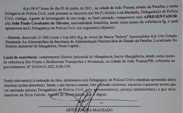 Veja auto de apreensão de carga roubada de arroz destinada ao Governo da Paraíba