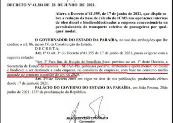 Empresas de transporte coletivo terão quota de diesel com redução de ICMS na Paraíba