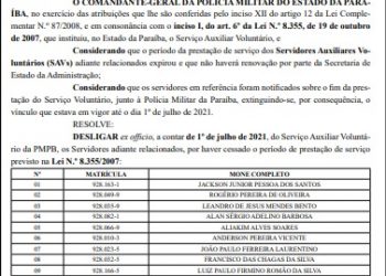 Comando da Polícia Militar da Paraíba desliga 14 do serviço auxiliar voluntário