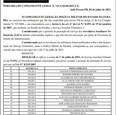 Comando da Polícia Militar da Paraíba desliga 14 do serviço auxiliar voluntário
