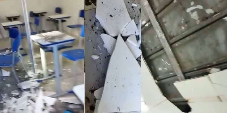 VÍDEOS- Teto de Escola Estadual Integral Professor Osvaldo Pessoa desaba em João Pessoa