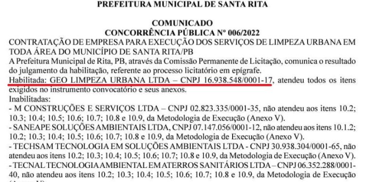 NA MOSCA- Empresa Geo é habilitada para contrato de R$ 29,8 milhões na licitação do lixo de Santa Rita