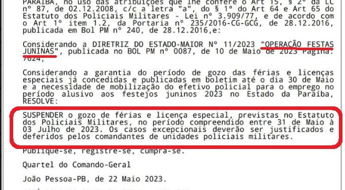 DOCUMENTO- Veja publicação em que Governo suspende férias e licenças dos PMs por falta de efetivo