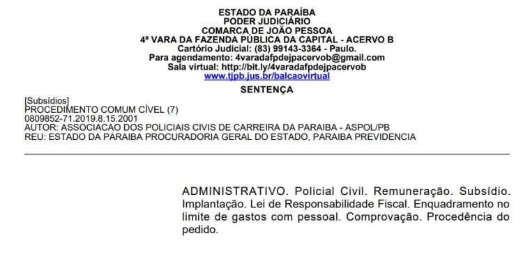 Justiça determina que Governo da Paraíba implante subsídio dos policiais civis ativos, inativos e pensionistas