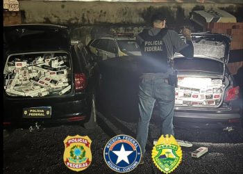 Operação da PF, RF e PM prende dois homens e apreende carros em ação contra contrabando de cigarros