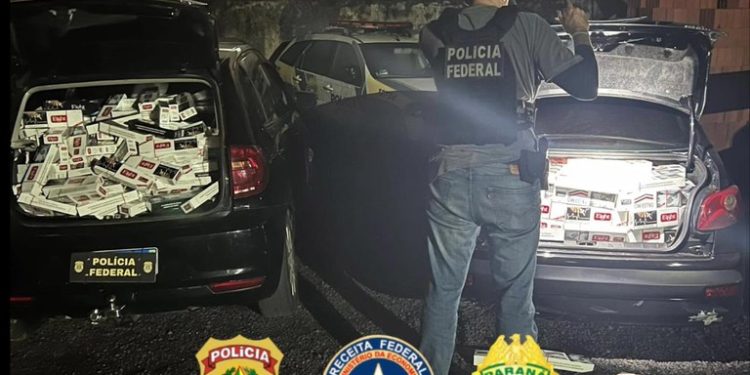 Operação da PF, RF e PM prende dois homens e apreende carros em ação contra contrabando de cigarros