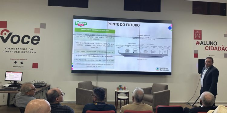 Secretário de Infraestrutura mostra o projeto da Ponte do Futuro, que liga Cabedelo, Santa Rita e Lucena, a conselheiros e técnicos do TCE