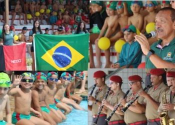 VEJA FOTOS- Crianças dão show nas piscinas e encantam pais em apresentação da escolinha de natação do COPM