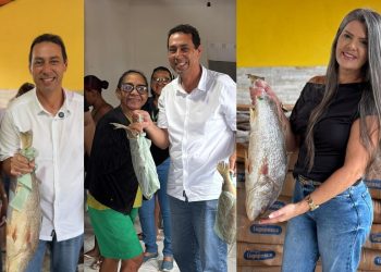 Prefeito de Lucena, Léo Bandeira e secretária Andreia Karla acompanham distribuição de 4 toneladas de peixes às famílias