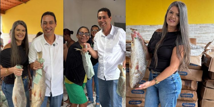 Prefeito de Lucena, Léo Bandeira e secretária Andreia Karla acompanham distribuição de 4 toneladas de peixes às famílias
