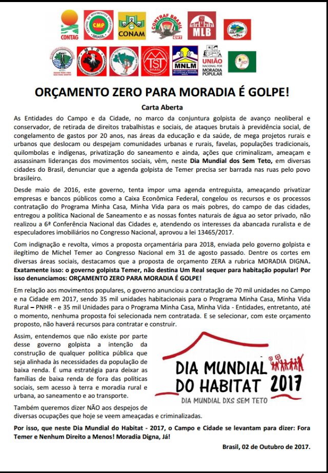 Entidades denunciam o caos habitacional com “Orçamento Zero para Moradia”