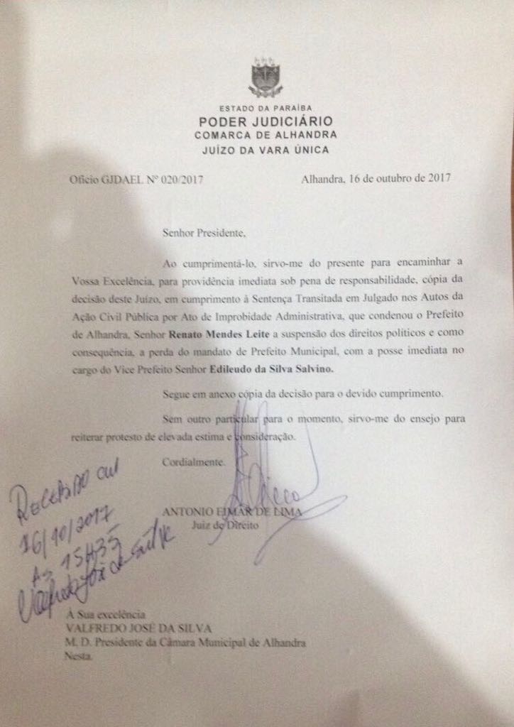 Justiça afasta prefeito de Alhandra , Renato Mendes, e manda vice assumir imediatamente