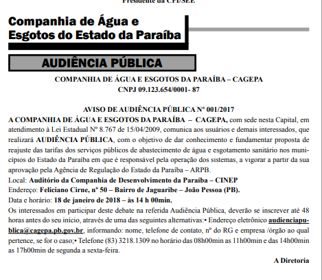 VEJA DOCUMENTO : DOE traz publicação que comprova audiência para Cagepa anunciar aumento e desmente Assessoria. Afinal quem está mentindo, a Diretoria ou a Assessoria da Cagepa ?