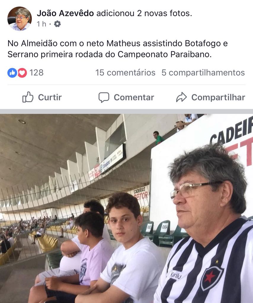 Pré candidato a governador, João Azevedo posta foto com o neto no Almeidão e impulsiona popularidade