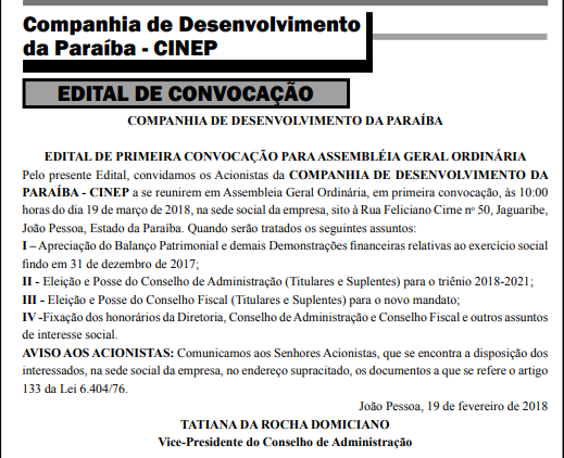 Cinep convoca acionistas para eleição dos Conselhos de Administração e Fiscal para triênio 2018/2021