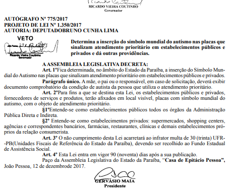 VEJA DOCUMENTO : Veto do governador RC em projeto que beneficiava autistas gera polêmica na Paraíba