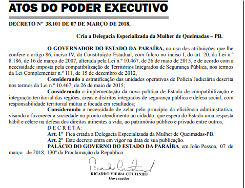 Seis anos após “Barbárie de Queimadas” Governo publica Decreto criando a Delegacia da Mulher na cidade