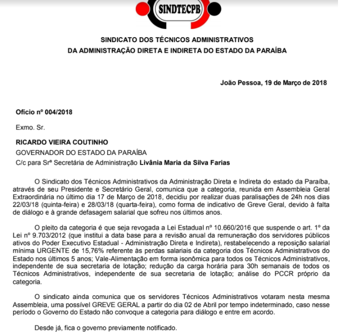 Sindicato envia ofício ao governador RC cobrando diálogo, PCCR, reposição salarial, e informando paralisações e greve dos técnicos administrtivos