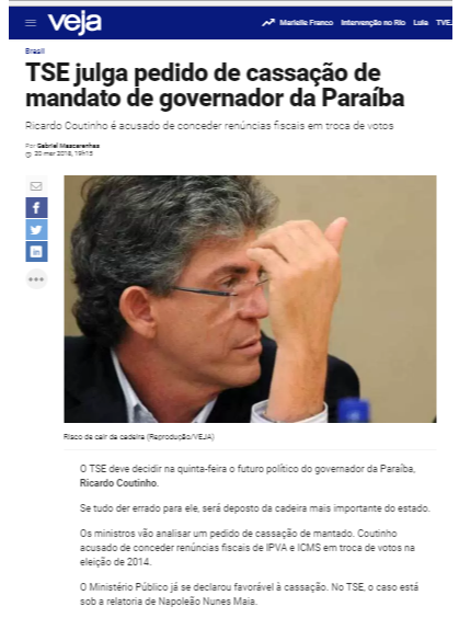 Veja destaca julgamento do pedido de cassação de mandato do governador da Paraíba, Ricardo Coutinho, no TSE, nesta 5ª