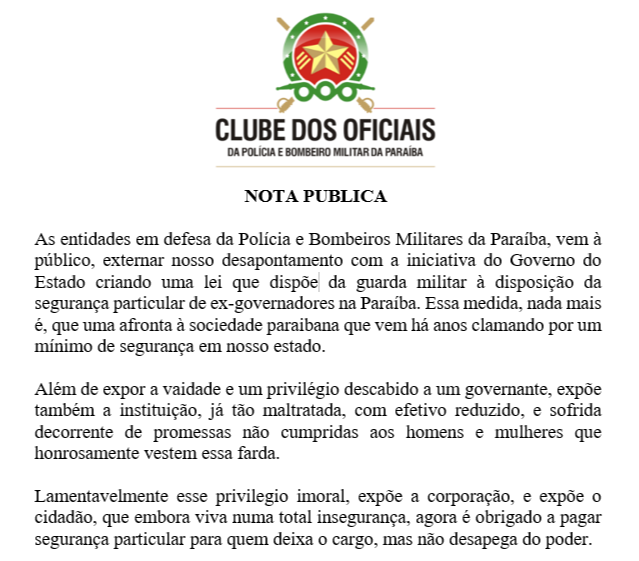 SEGURANÇA PARA EX-GOVERNADOR : Entidades da PM emitem nota e chamam iniciativa de “privilégio imoral que expõe a corporação e o cidadão”