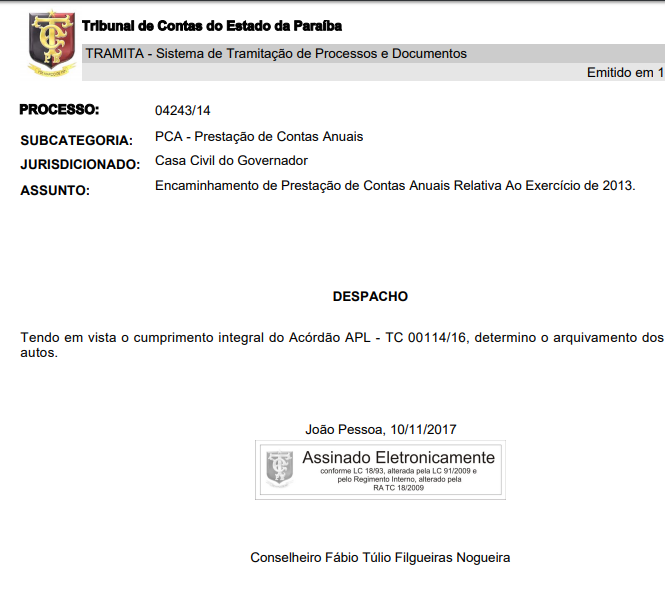 Ex-secretários da Casa Civil do Governador da PB pagam multas e TCE arquiva prestação de contas de 2013