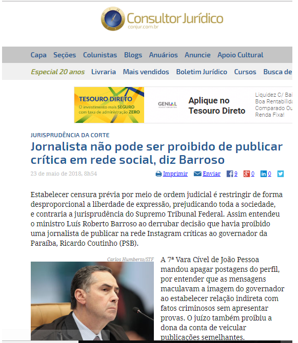 CONJUR :  Ministro do STF decide que não se pode proibir jornalista de criticar governador em redes sociais, e condena RC a pagar honorários a advogado de Pâmela
