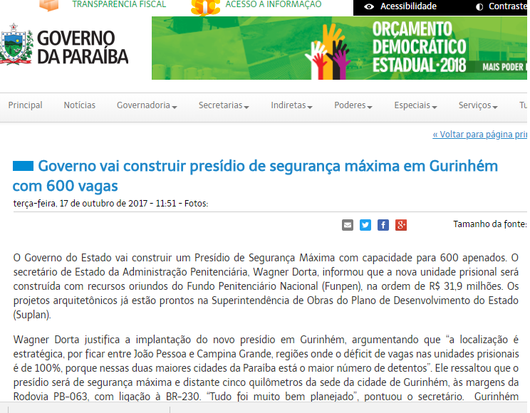 NÃO CUMPRIU : Presídio de segurança máxima, de R$ 32 milhões, em Gurinhém, anunciado um ano atrás por Ricardo Coutinho, nunca saiu do papel