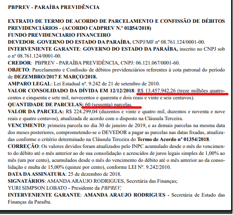 Diário Oficial de 31 de dezembro de 2018, publicado nesta 3ª, traz acordo em que Governo pagará dívida  de R$ 14,2 milhões com PBPrev em 60 parcelas