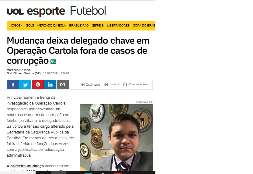 Mídia nacional volta a repercutir nova transferência de delegado responsável pela Operação Cartola na Paraíba