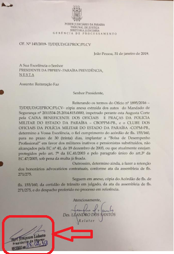 BOLSA DESEMPENHO : Presidente da PBPrev assina ofício de desembargador determinando implantação nos contra-cheques dos policiais
