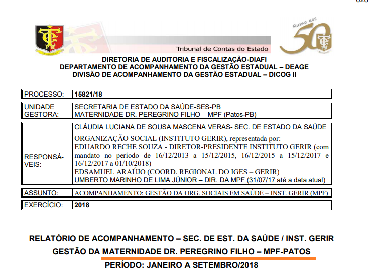 OPERAÇÃO CALVÁRIO : Hospital de Patos, via Organização Social, contratou empresa de João Pessoa por R$ 80 mil para “apoio administrativo”, sem comprovação, nem necessidade, afirmam auditores em relatório do TCE