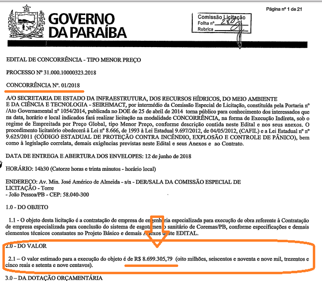 Auditores e MPC apontam irregularidade em licitação de R$ 8,7 milhões para obra de esgotamento sanitário em Coremas; TCE julgará dia 23