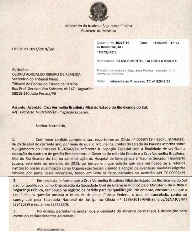 VEJA DOCUMENTO – Ministério da Justiça revela que Cruz Vermelha não tinha qualificação de Organização Social e até o título de utilidade pública estava cancelado