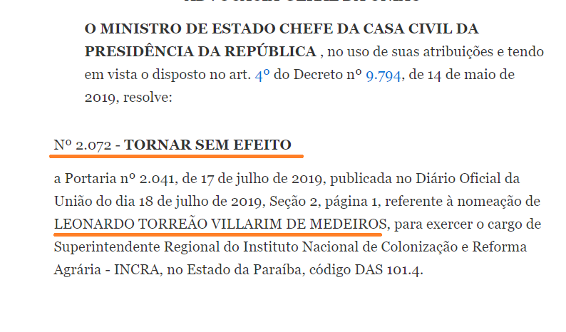 Ministro torna sem efeito nomeação de Leonardo Torreão para o Incra na Paraíba