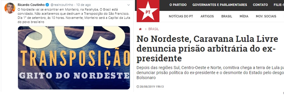 TRANSPOSIÇÃO OU “LULA LIVRE” – Site oficial do PT diz que é a “Caravana Lula Livre” na Paraíba para denunciar “prisão arbitrária do ex-presidente, já RC divulga que é “SOS Transposição”
