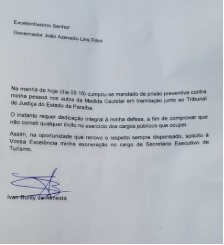 VEJA DOCUMENTO – Após ser preso na Operação Calvário Ivan Burity envia carta ao governador João Azevedo pedindo exoneração do cargo de secretário de Turismo
