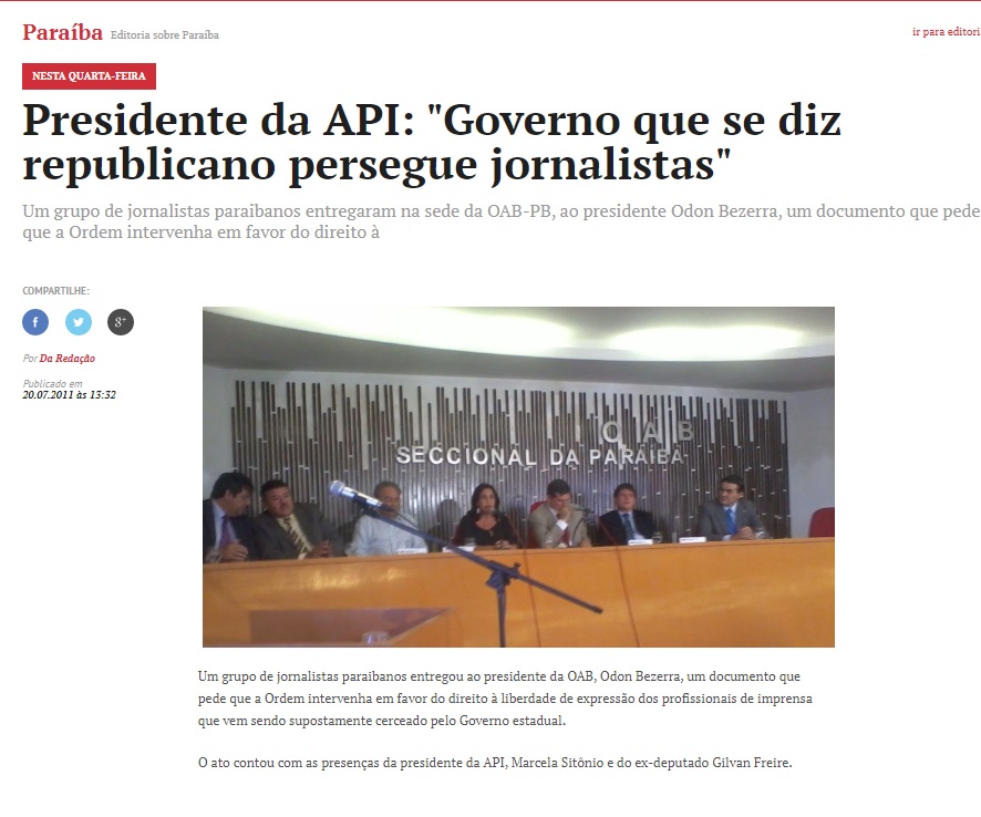 VEJA DOCUMENTO – O dia em que a API denunciou à OAB/PB, há 8 anos, perseguição de Governo Girassol à imprensa na Paraíba