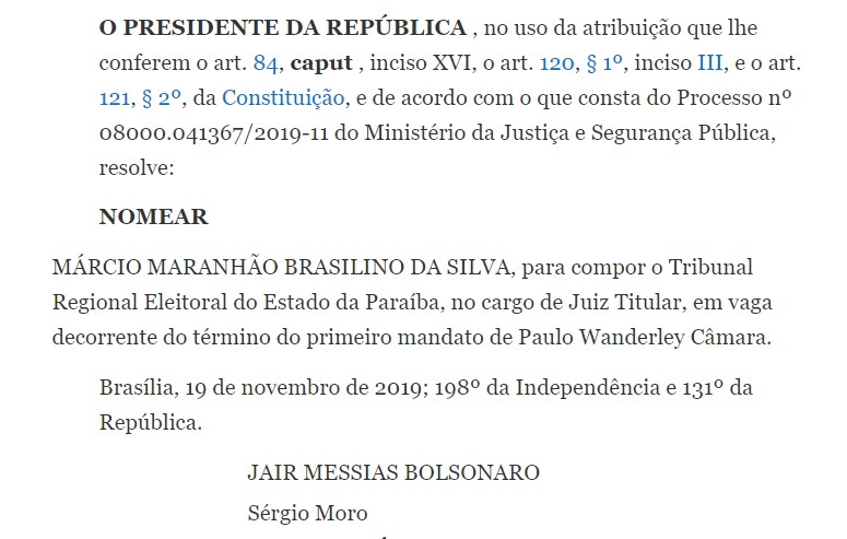 VEJA PUBLICAÇÃO – Presidente Bolsonaro nomeia novo juiz titular do Tribunal Regional Eleitoral da Paraíba