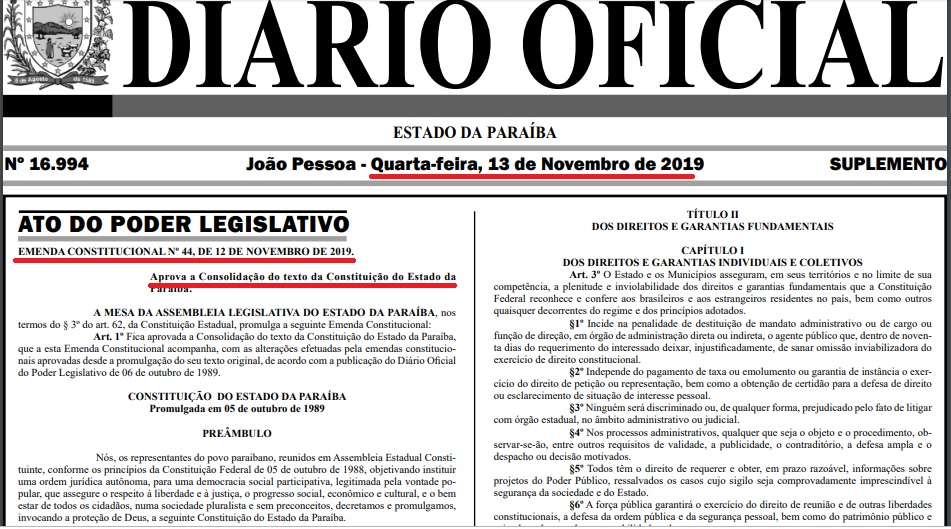 Diário Oficial publica Emenda 44 que consolida a Constituição estadual da Paraíba com adequações e atualizações