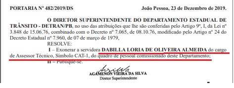 DIÁRIO OFICIAL – Nora de Ricardo Coutinho é exonerada do Detran