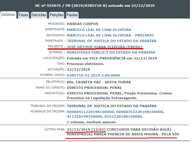 AGORA HÁ POUCO – Mais um preso na Operação Calvário impetra, neste domingo, habeas corpus no STJ