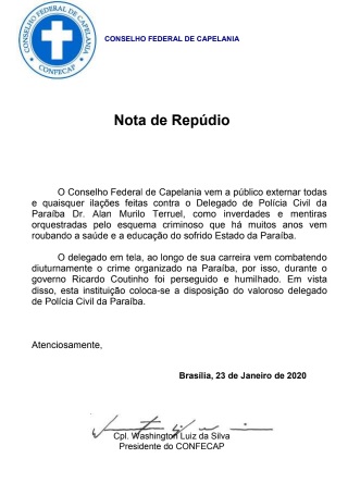 Confecap emite nota de repúdio a declarações de ex-governador Ricardo Coutinho, denunciado na Calvário, contra Állan Terruel, delegado de combate a corrupção