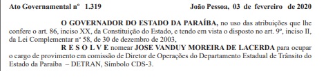 Governador João Azevedo nomeia novo diretor do Detran – Departamento Estadual de Trânsito –