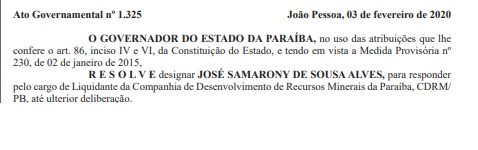Governador designa advogado José Samarony novo liquidante da Companhia de Desenvolvimento de Recursos Minerais da paraíba – CDRM –