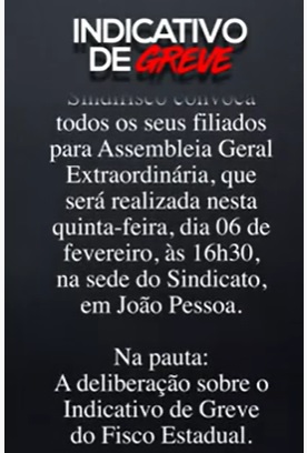 VEJA VÍDEO – Sindifisco convoca Assembleia Geral Extraordinária e auditores podem anunciar greve na Paraíba nesta 5ª feira