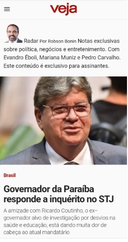 VEJA CONFIRMA INTROMETIDO : Governador da Paraíba já tem um inquérito para chamar de seu no STJ