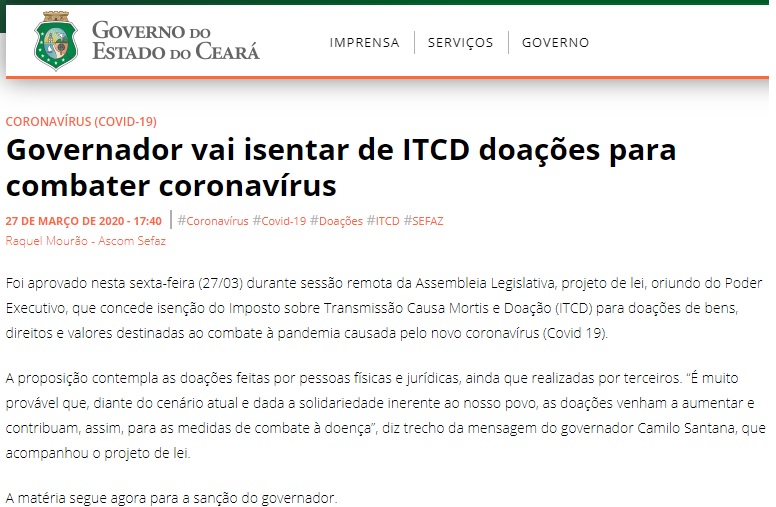 Governo do Ceará vai isentar imposto de ITCD doações para combate ao coronavírus