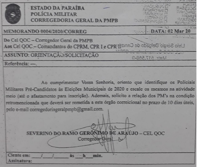 DOCUMENTO – Corregedoria da PM quer identificação e lista de policiais que vão disputar eleições, e orienta escala apenas para atividade meio