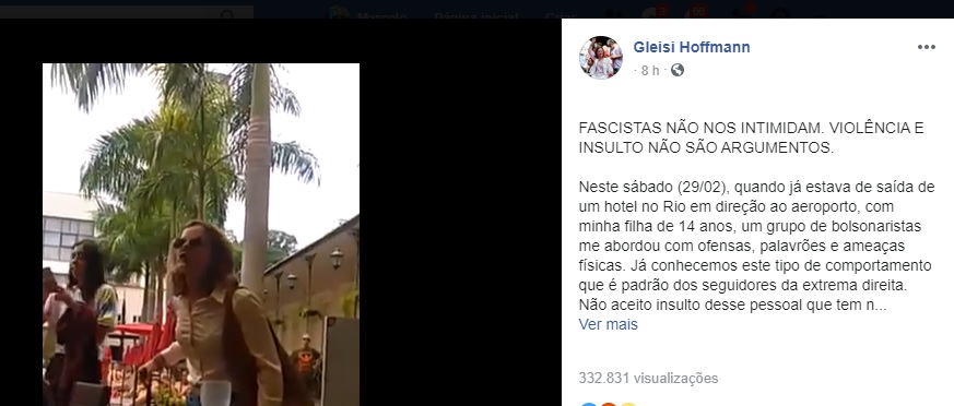 Presidente do PT, Gleisi Hoffmann posta vídeo da confusão com hóspedes em hotel no Rio de Janeiro